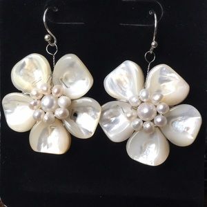 Handcrafted shell and pearl flower earrings